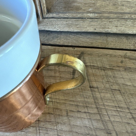 Vintage Set of 2 Copper & Porcelain Coffee Mugs Brass Handles Korea - Picture 7 of 11